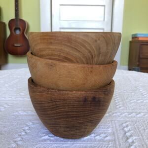 Vintage Teak Wood Hand Carved Bowls Set Of 3 MCM 60s 70s Minimalist Rustic